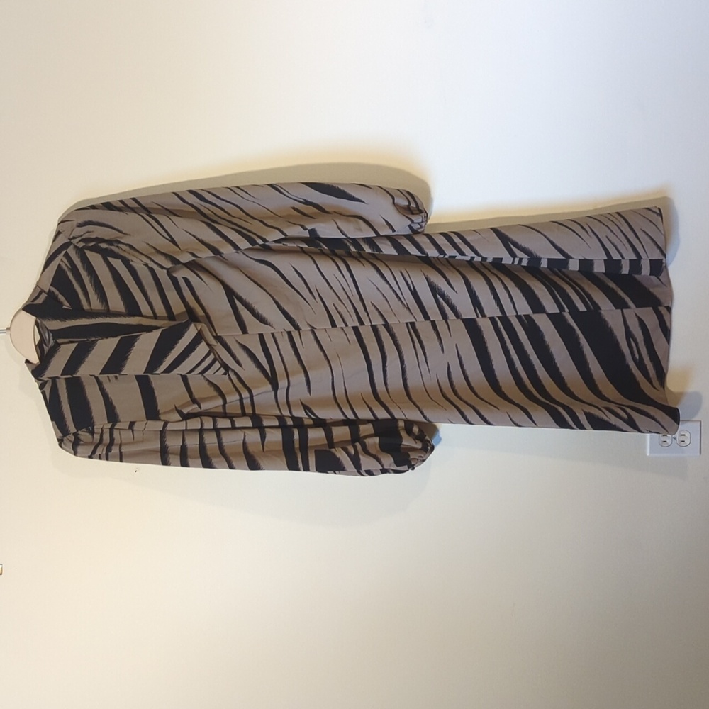 Beaufille Sz 4 Black Taupe Tiger Stripe Printed Fluid Bardot Shift Midi Dress - Picture 6 of 7